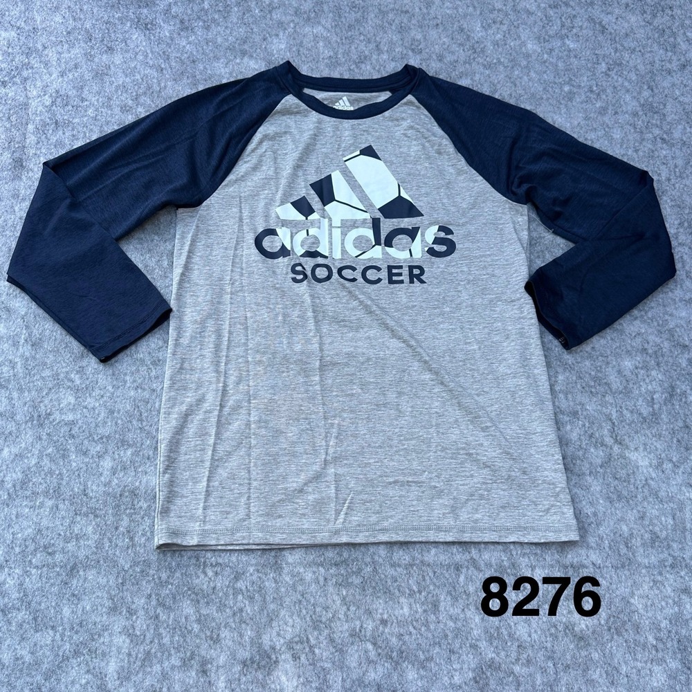 Adidas Soccer Long Sleeve Raglan T-Shirt Gray Navy Blue AA5930 Boys Large 14/16
